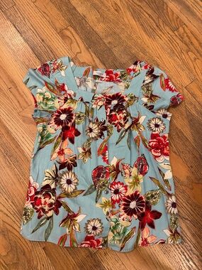 Van Heusen Floral Women's Top - Blue Red Large 💯 Cotton